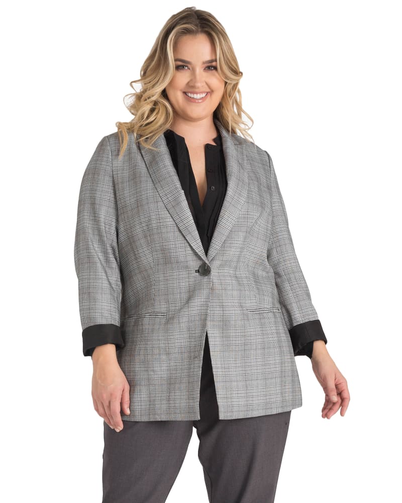 Front of a model wearing a size 14 Sandra Plaid Boyfriend Blazer in Black White by Standards & Practices. | dia_product_style_image_id:280905